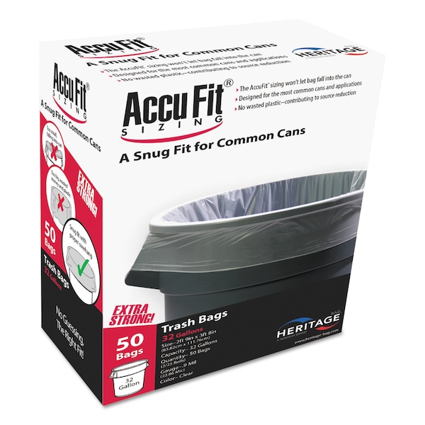 Accufit 32 gal Trash Bags, 33 in x 44 in, Premium, 0.9 mil, Clear, 50 PK H6644TC RC1 - main